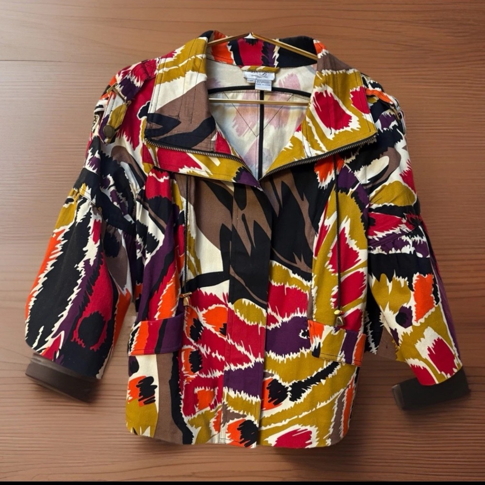 Vintage Statement Multicolor Abstract Print Short Jean Jacket